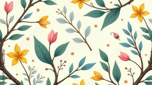 A Delicate and Vibrant Floral Pattern Featuring Blossoms and Branches in a Seamless Design