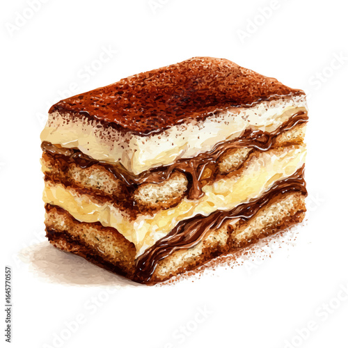 Tiramisu Cake in watercolor style, vector illustration, isolated on white background.