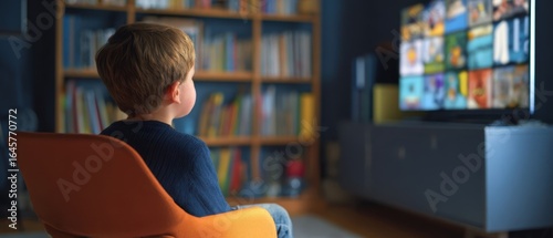 The Boy Watching Television in a Cozy Living Room with Bookshelves