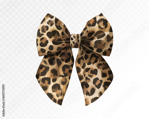 Large leopard print watercolor bow with dramatic ribbons and detailed pattern, ideal for statement accessories, party decor, and bold gift wrapping. Vector illustration.