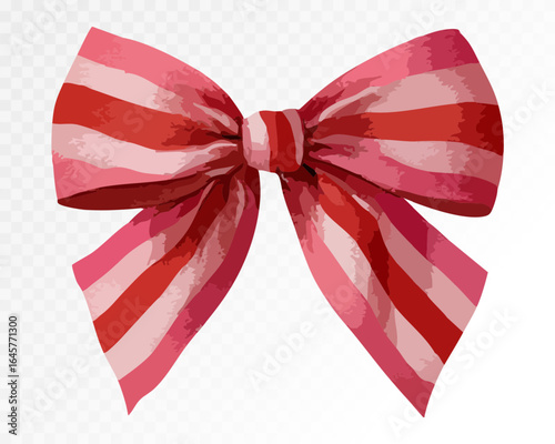 Watercolor red and pink striped bow with a glossy texture, perfect for festive gift wrapping, holiday decorations, and romantic designs. Vector illustration.