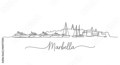 Marbella Skyline with Spain, Line Art, and Yachts.