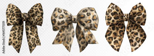 Set of leopard print watercolor bows with tall narrow ribbons and natural fur tones, ideal for exotic fashion accessories, bold gift wrap, and jungle-inspired decor. Vector illustration.