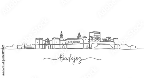Badajoz city skyline with Spain, line art, and white.