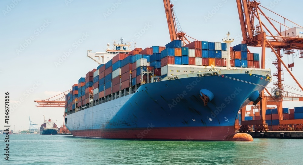 Fototapeta premium Large cargo ship docked, loaded with colorful containers, port cranes nearby