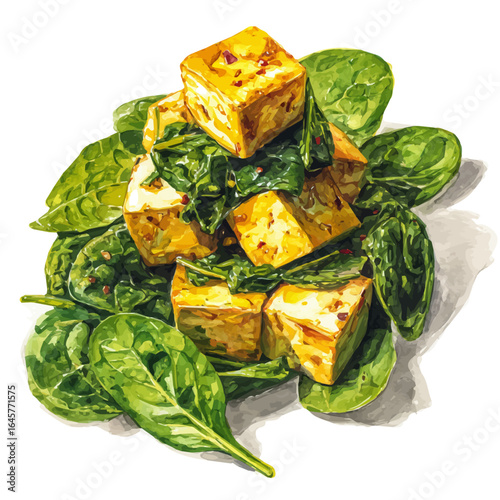 A watercolor painting of Saag Paneer, vector illustration on white background.