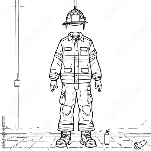 A line drawing of a firefighter uniform with a helmet hanging above and gloves on the floor near boots