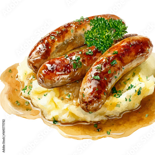 Watercolor vector illustration of Bangers And Mash, isolated on white background.
