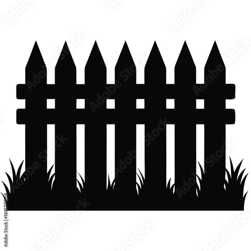 Black silhouette of a picket fence with grass at the bottom on a white background boundary barrier