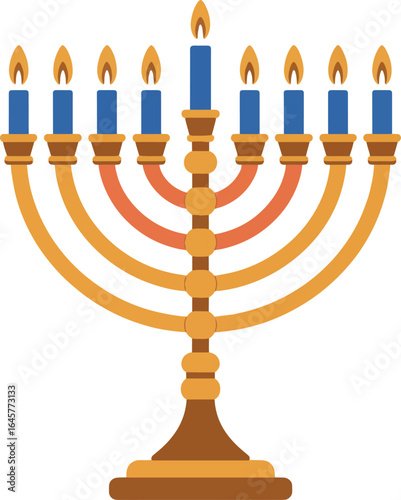 Happy Hanukkah celebration with a lit menorah and burning candles, a symbol of light and religion vector illustration