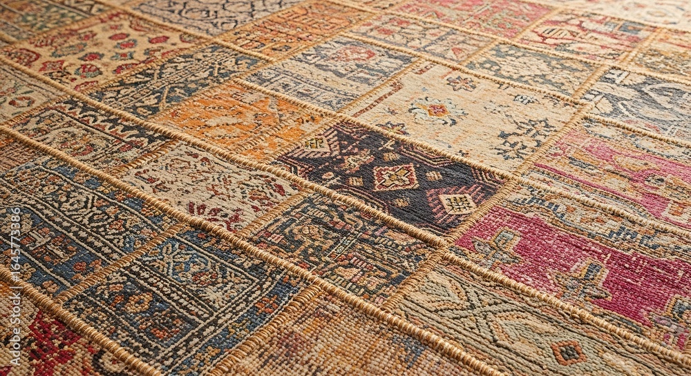 Fototapeta premium Colorful Patchwork Rug with Intricate Patterns and Textures