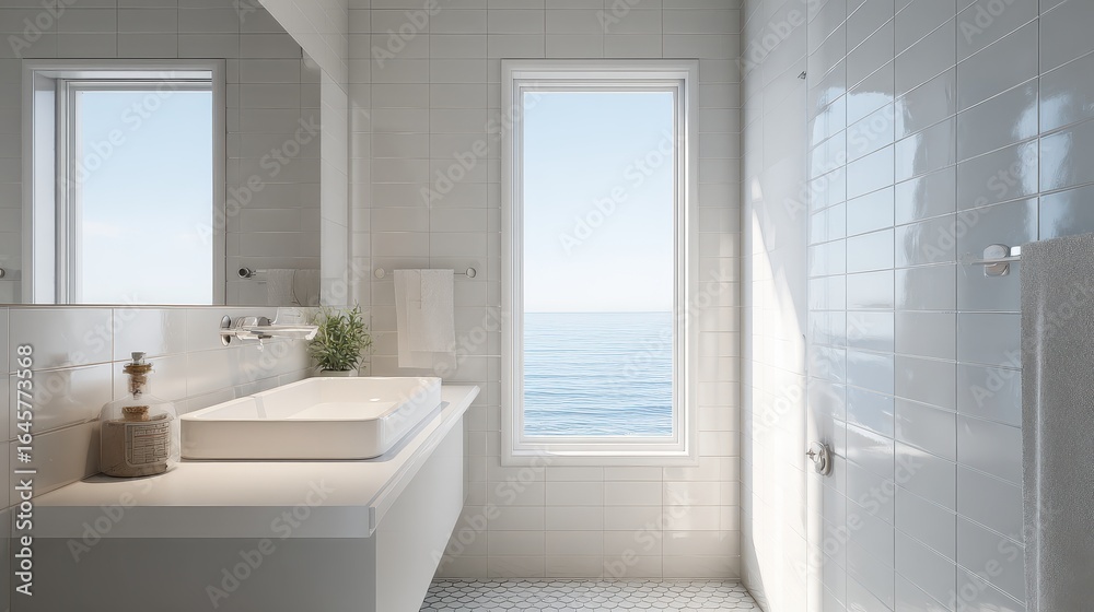 Fototapeta premium A bathroom with a large window and a sink