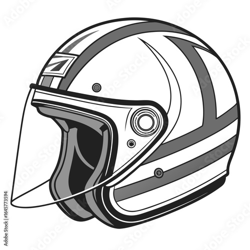 White motorcycle helmet with gray stripes and clear visor