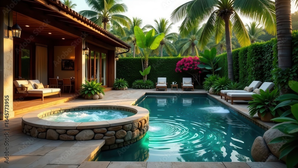 custom made wallpaper toronto digitalSerene Tropical Backyard Oasis Featuring a Sparkling Pool and Relaxing Hot Tub
