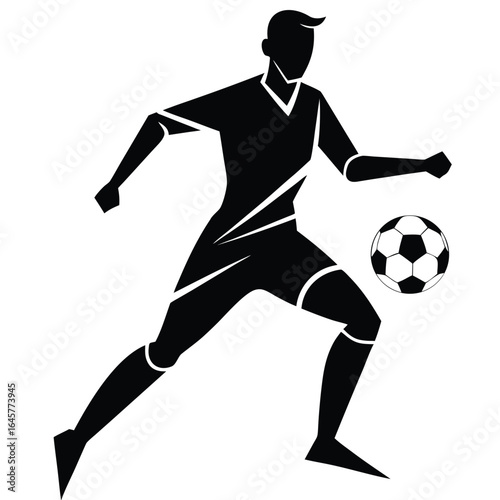 Black silhouette of a soccer player kicking a ball on a white background football