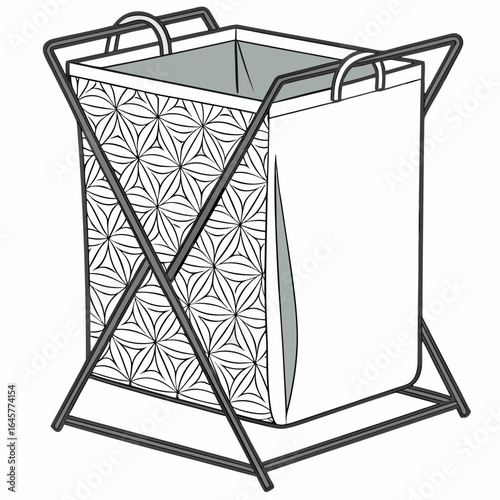 Gray metal laundry hamper with geometric patterned fabric