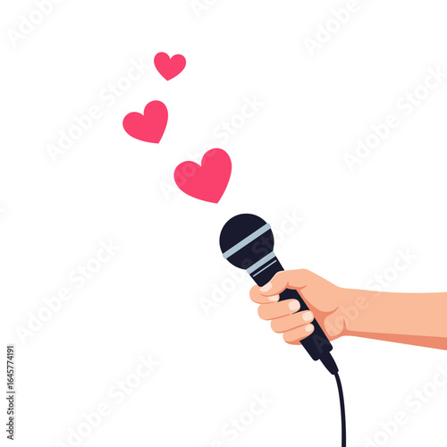 Capturing the pure emotion of music performance through a microphone filled with love and hearts showing appreciation