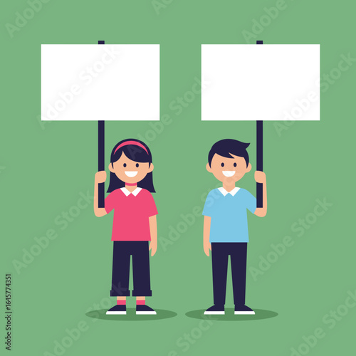 Two smiling children holding blank white signs for protest or demonstration messages