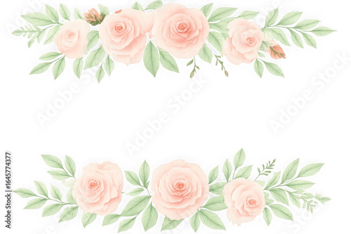 Soft pink roses and green leaves floral border isolated on transparent background