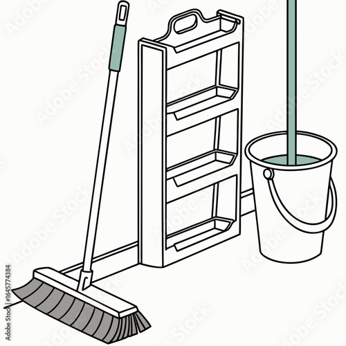 Broom mop holder bucket cleaning tools vector