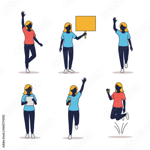 Dynamic poses of a woman showcasing various actions and expressions of enthusiasm