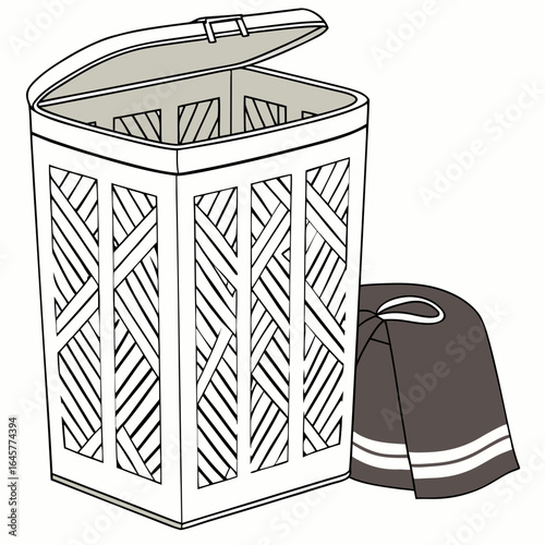 White laundry hamper with woven pattern and dark towel
