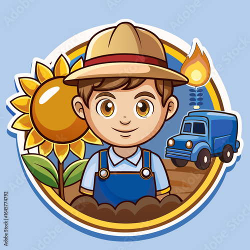 Young boy farmer smiling with sunflower and blue truck illustration  