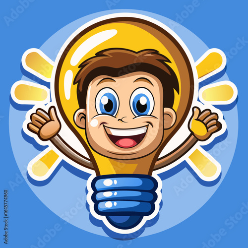 Cartoon boy smiling and posing inside a light bulb icon  