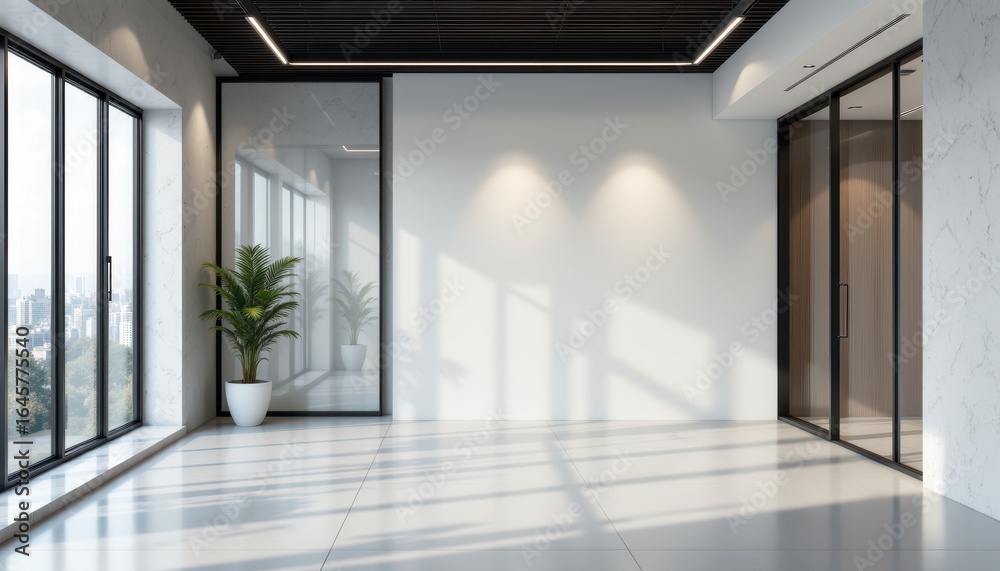 Fototapeta premium minimalist office space in a realistic photo style, with monochrome tones, bare workspace, glass partition, soft sunlight, contemporary environment, high resolution
