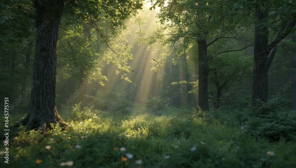 Fototapeta premium A photorealistic image of a lush green forest, with sun rays piercing through the canopy, clean and natural, shallow depth of field, symbolizing nature and sustainability