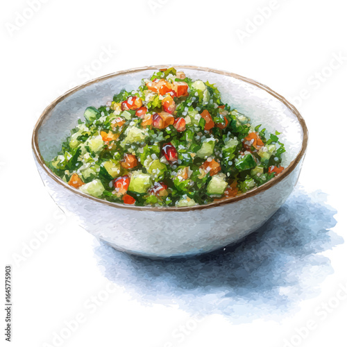 Watercolor vector illustration of Tabbouleh Salad, isolated on white background.