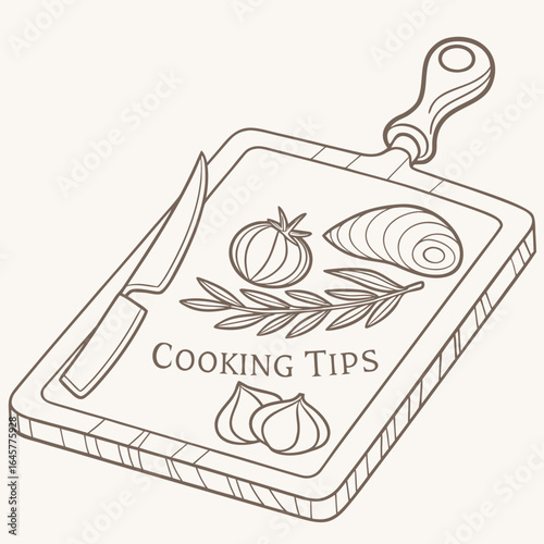 Wooden chopping board with food and knife tomato garlic
