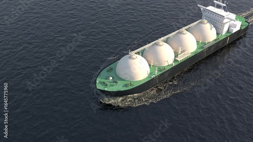 Photorealistic 3D animation of a Moss-type LNG tanker with four spherical tanks cruising on a calm open sea. Aerial/top-down view with soft evening light. 4K/UHD.