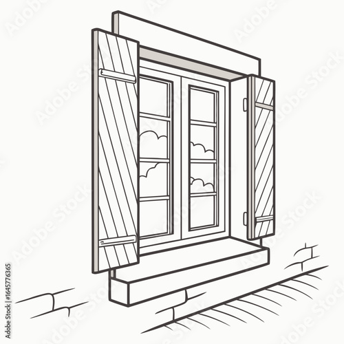 Open wooden shutters on a window with clouds visible