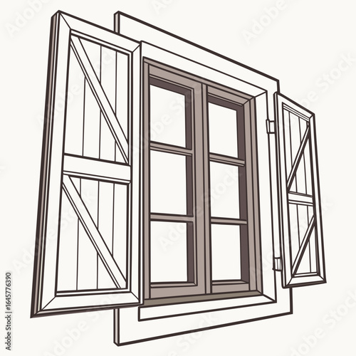 Open wooden window with shutters frame