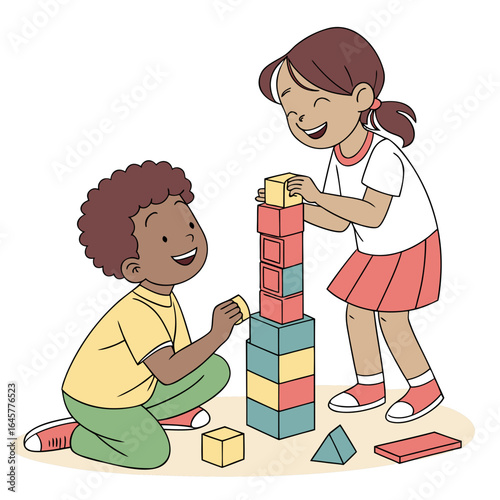 Children building tower with colorful blocks playing
