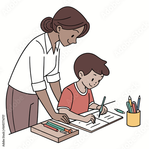 Adult helping child with schoolwork homework