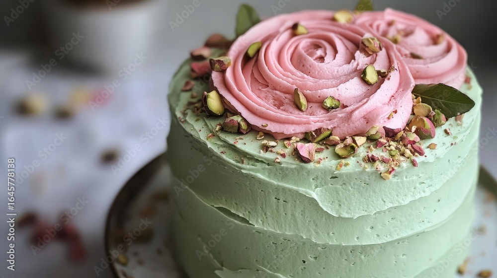 Naklejka premium Beautiful Multi-Layer Cake with Pink Roses and Nuts Decoration