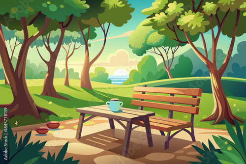 vector of Wooden benches in the shade of trees are a good place to sit and drink a cup of tea or coffee.
