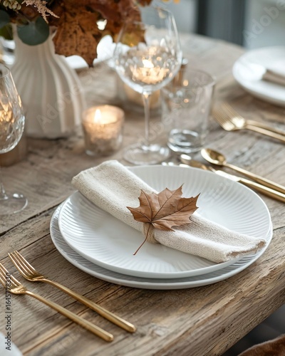 Elegant rustic table setting with white porcelain plates, gold cutlery, linen napkin tied with jute and autumn leaf, vase bouquet, warm candlelight reflection on wooden table, fine dining restaurant 