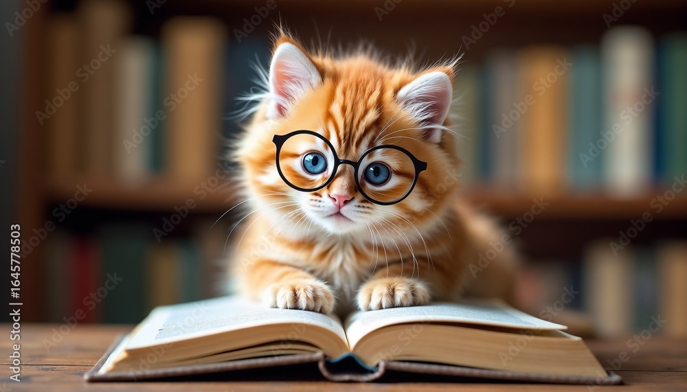 A small orange tabby kitten with glasses sits on an open book. The background features blurred bookshelves filled with various books. A small orange tabby kitten with glasses sits on an open book. The background features blurred bookshelves filled with various books.