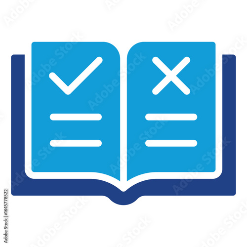 Rulebook Glyph Blue Silhouette Icon Design Vector - Open book with check and cross marks, symbolizing guidelines, rules, or decision-making criteria