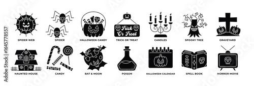 Halloween Icon Set – Glyph Style with Spider Web, Candy, Haunted House, Graveyard, and More