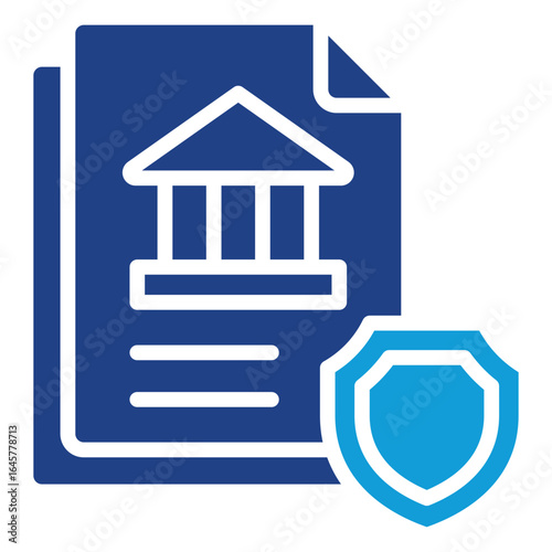 Legal Protection Glyph Blue Silhouette Icon Design Vector - Document with courthouse icon and shield, representing legal protection, security, and official safeguarding