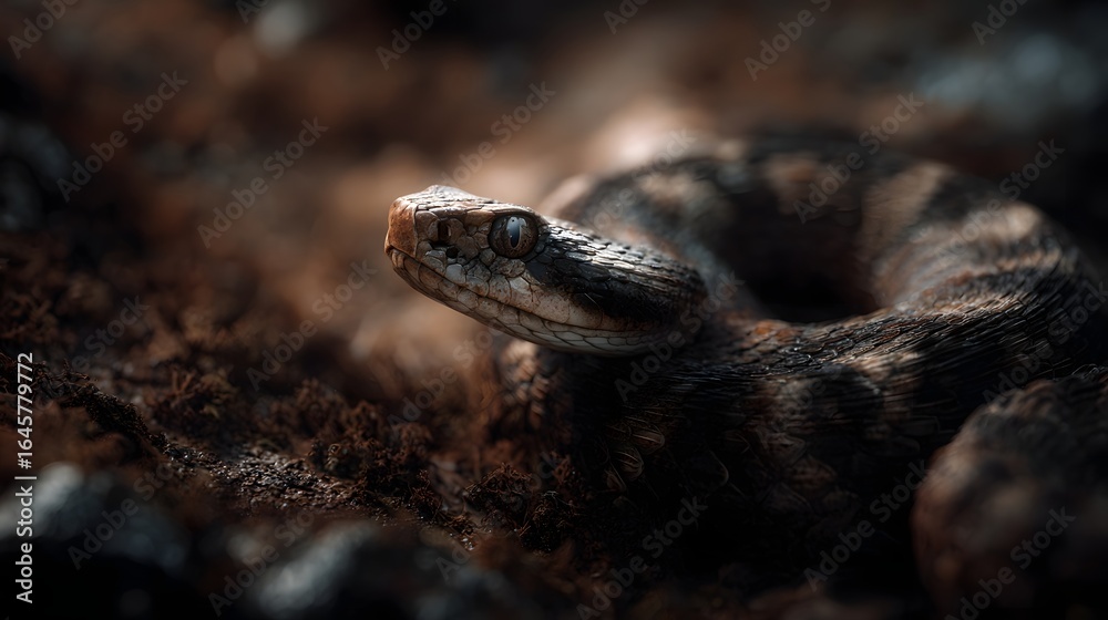 Coiled snake on the forest floor with detailed reptilian features Coiled snake on the forest floor with detailed reptilian features