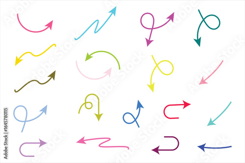 Colorful curved and loop arrow icon collection in artistic doodle style with multiple directions, hand drawn vector design perfect for navigation, infographic, guide pointer and creative decoration pr