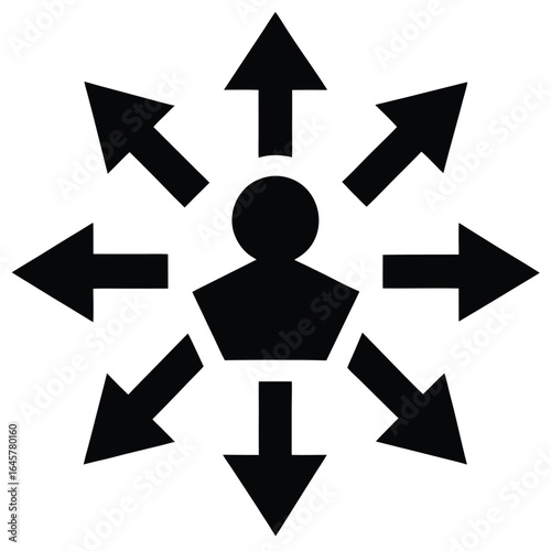 Person Silhouette with Arrows Pointing Outward in All Directions human figure