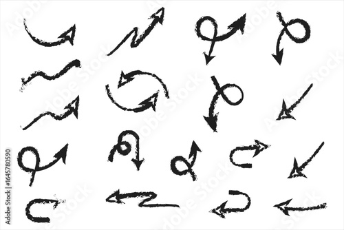 Black grunge arrow collection with textured curved, looped and twisted shapes, rough sketch vector design perfect for navigation icons, infographic flow, guide pointers and creative graphic artwork

