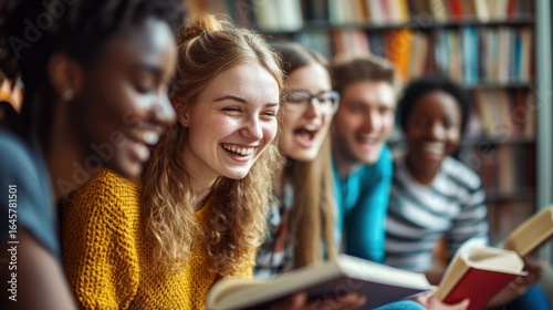 Students laughing in a library