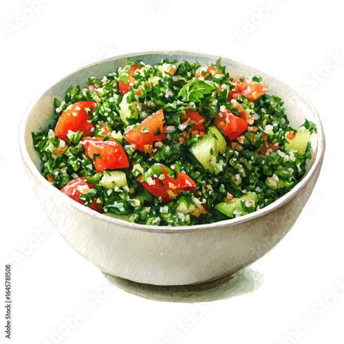 Tabbouleh Salad, watercolor painting, vector illustration, isolated on a white background.